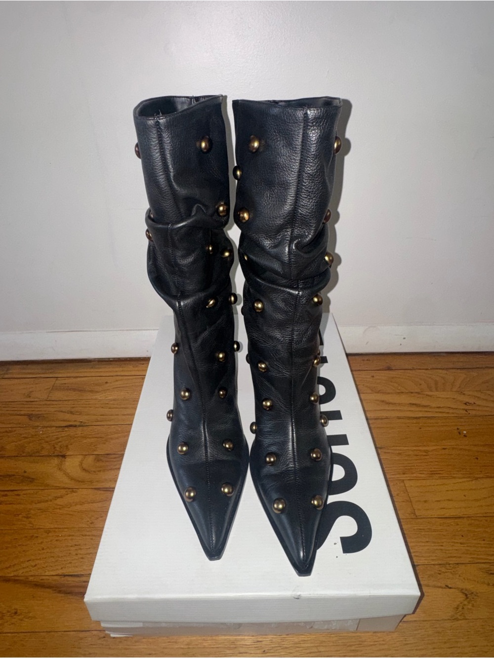 SCHUTZ Black Pointed-Toe Mid-Calf Boots with Gold Studs